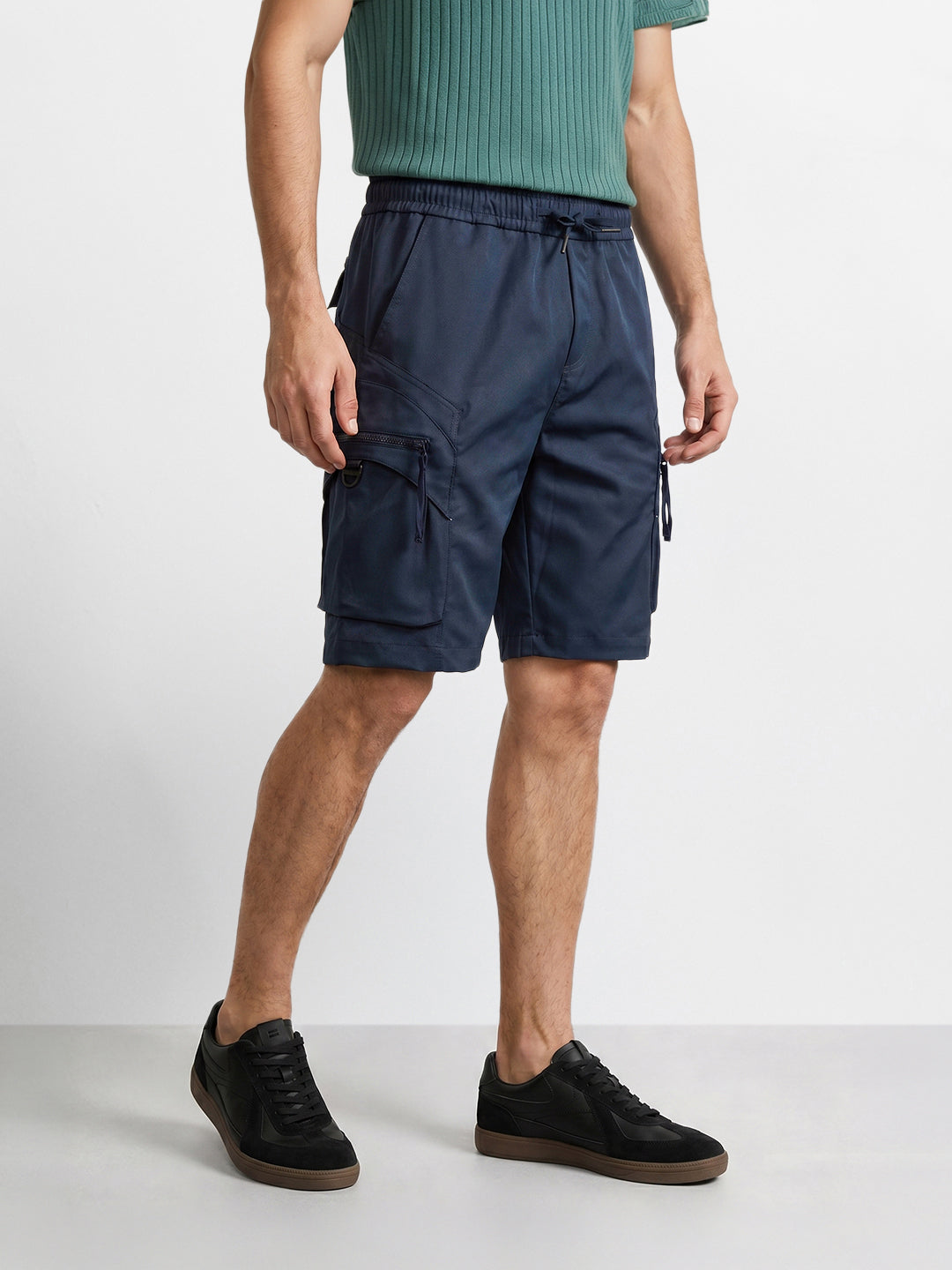 Men's Navy Blue Relaxed Fit Solid Utility Shorts