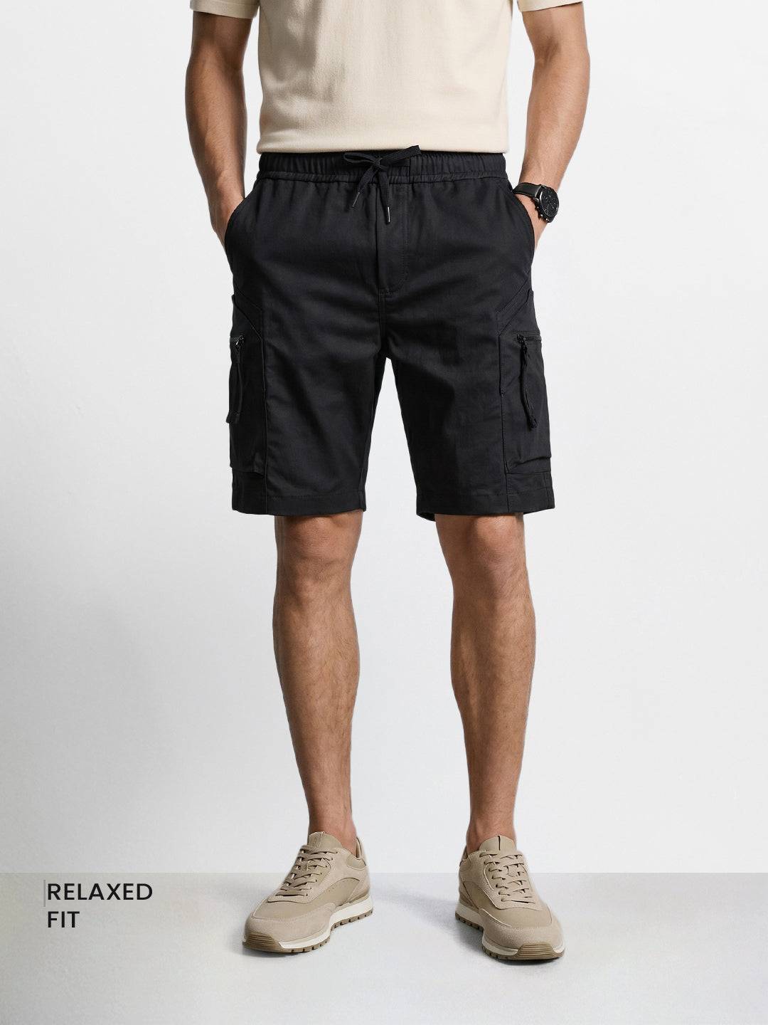 Men's Black Relaxed Fit Solid Utility Shorts