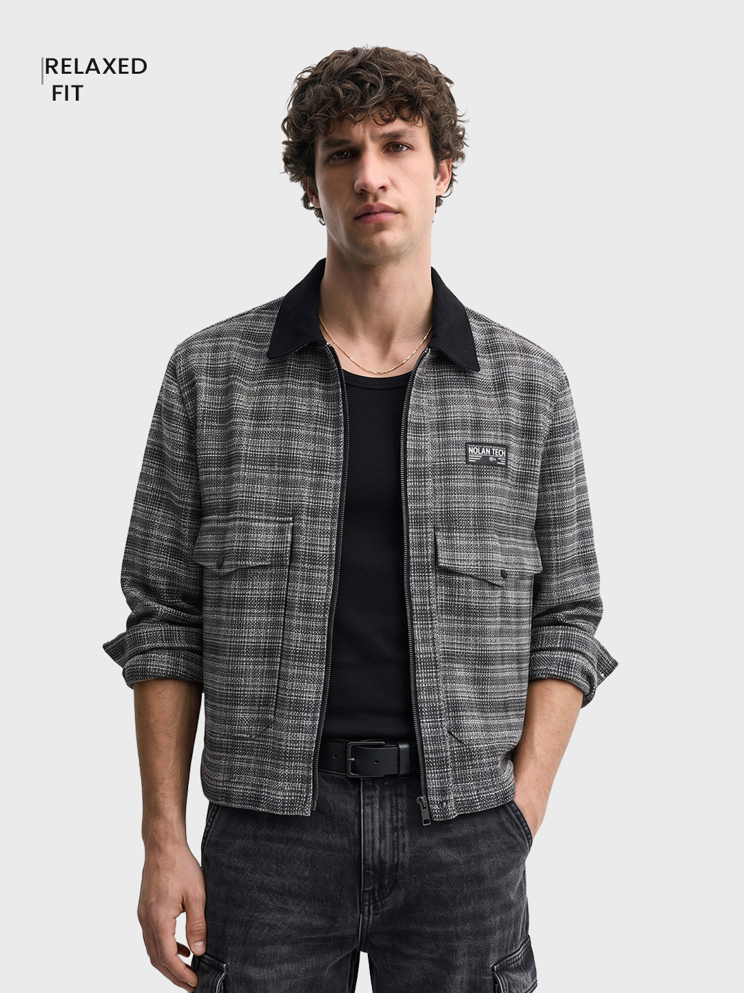Men's Silver Relaxed Fit Checkered  Casual Jacket