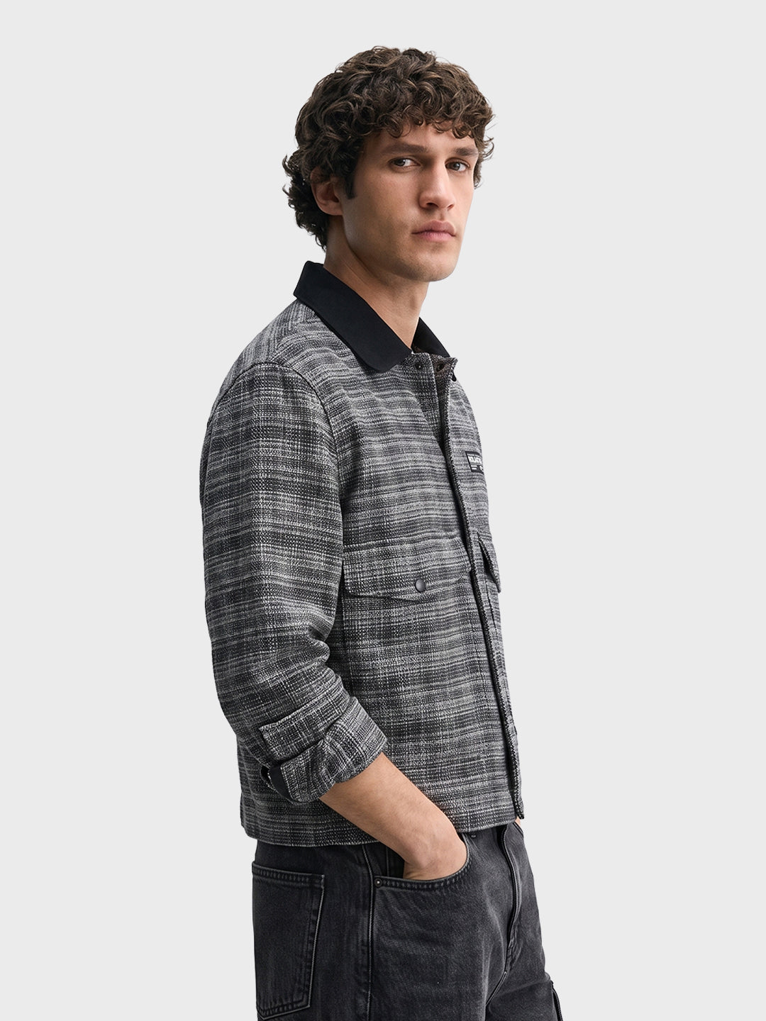 Men's Silver Relaxed Fit Checkered  Casual Jacket