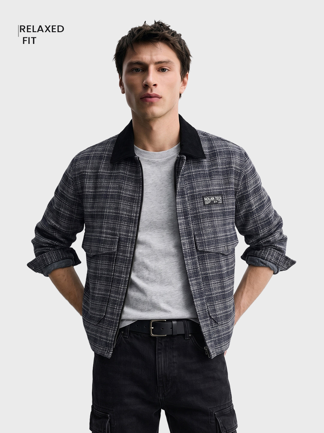 Men's Black Relaxed Fit Checkered  Casual Jacket