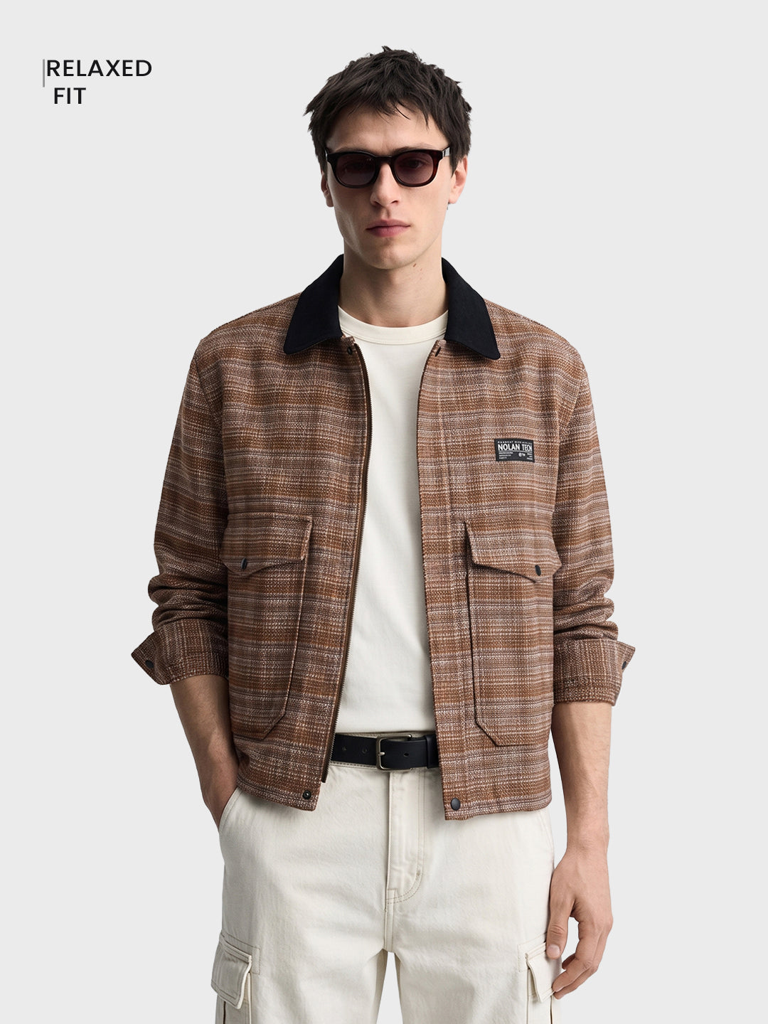 Men's Brown Relaxed Fit Checkered  Casual Jacket