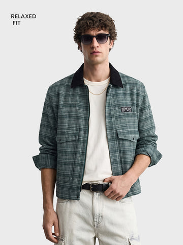 Men's Green Relaxed Fit Checkered  Casual Jacket