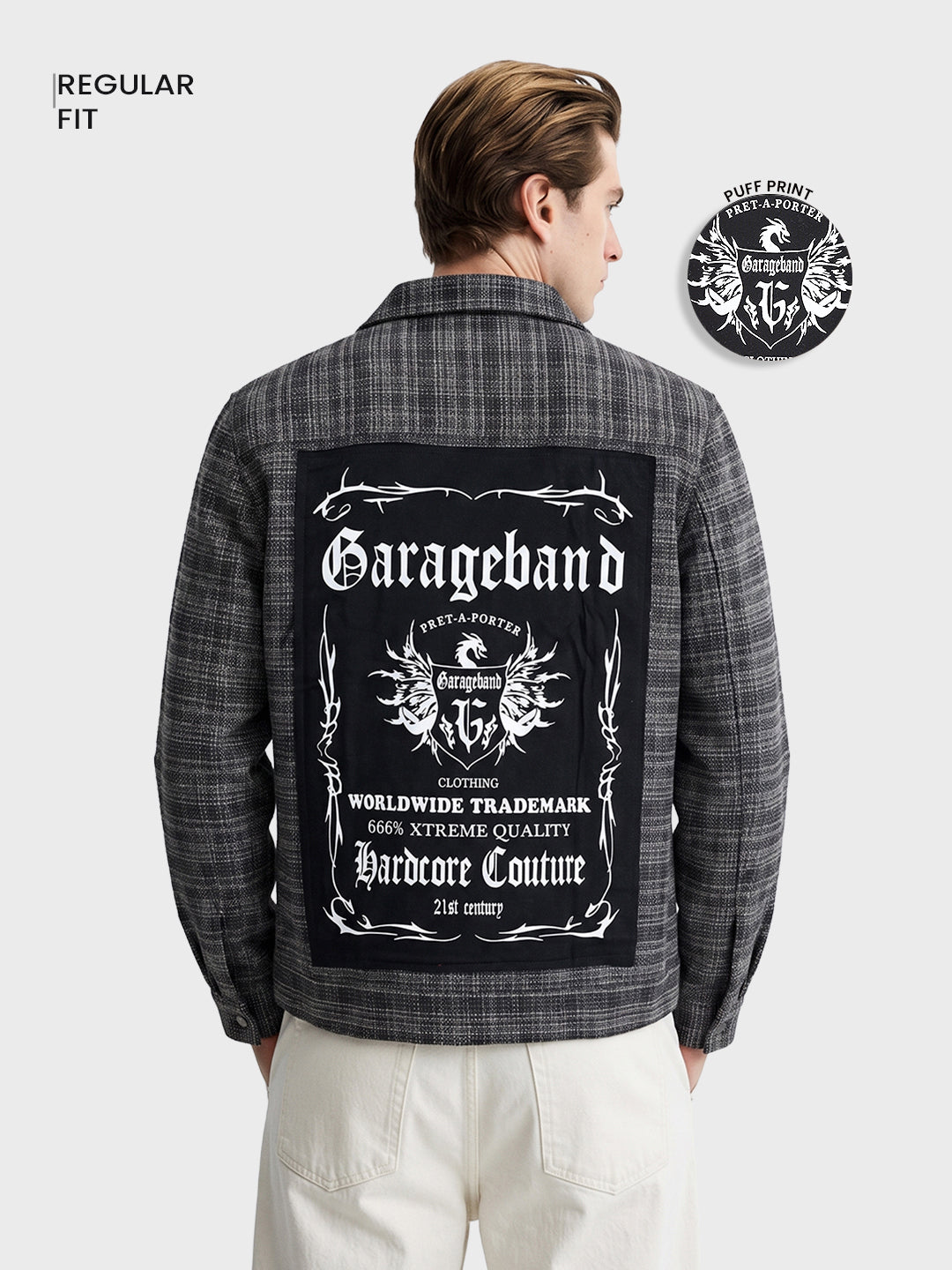 Men's Grey Regular Fit Graphic Printed Retro Wear Jacket
