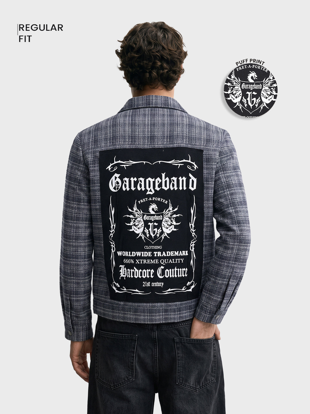 Men's Blue Regular Fit Graphic Printed Retro Wear Jacket
