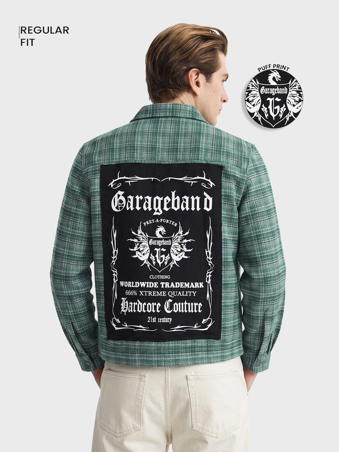 Men's Green Regular Fit Graphic Printed Retro Wear Jacket