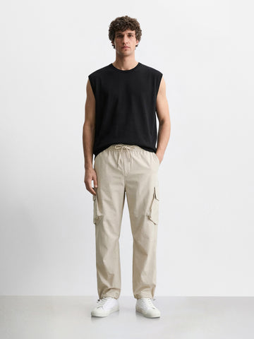 Men's Beige Loose Fit Solid Utility Cargo