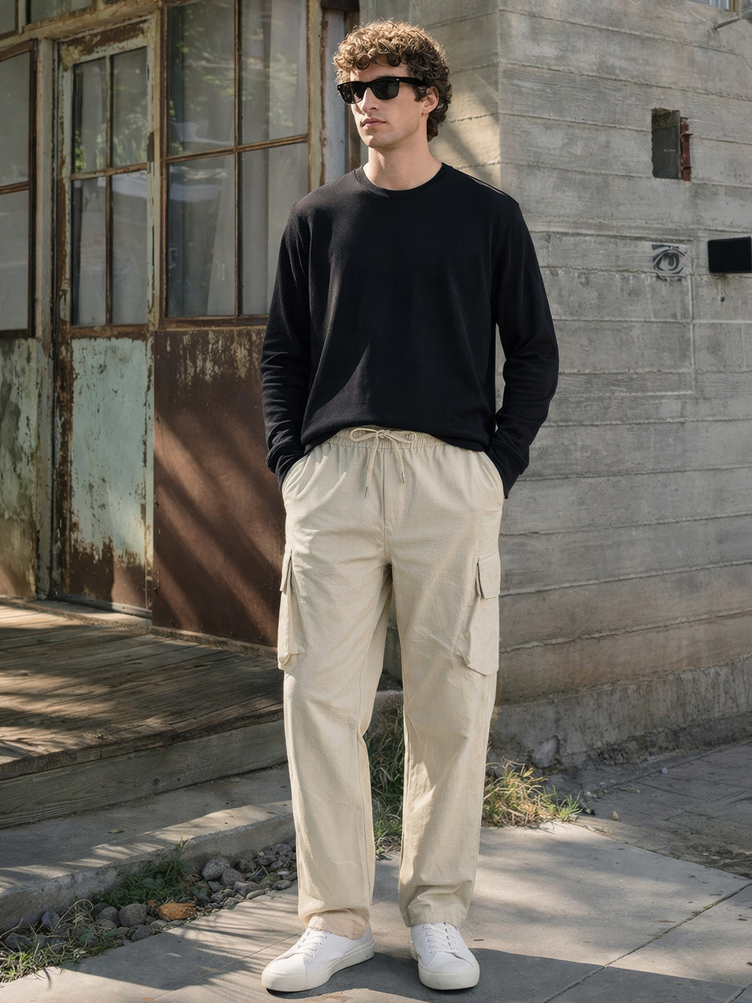 Men's Beige Loose Fit Solid Utility Cargo