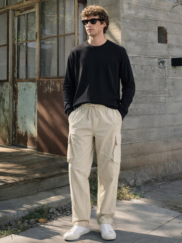 Men's Beige Loose Fit Solid Utility Cargo