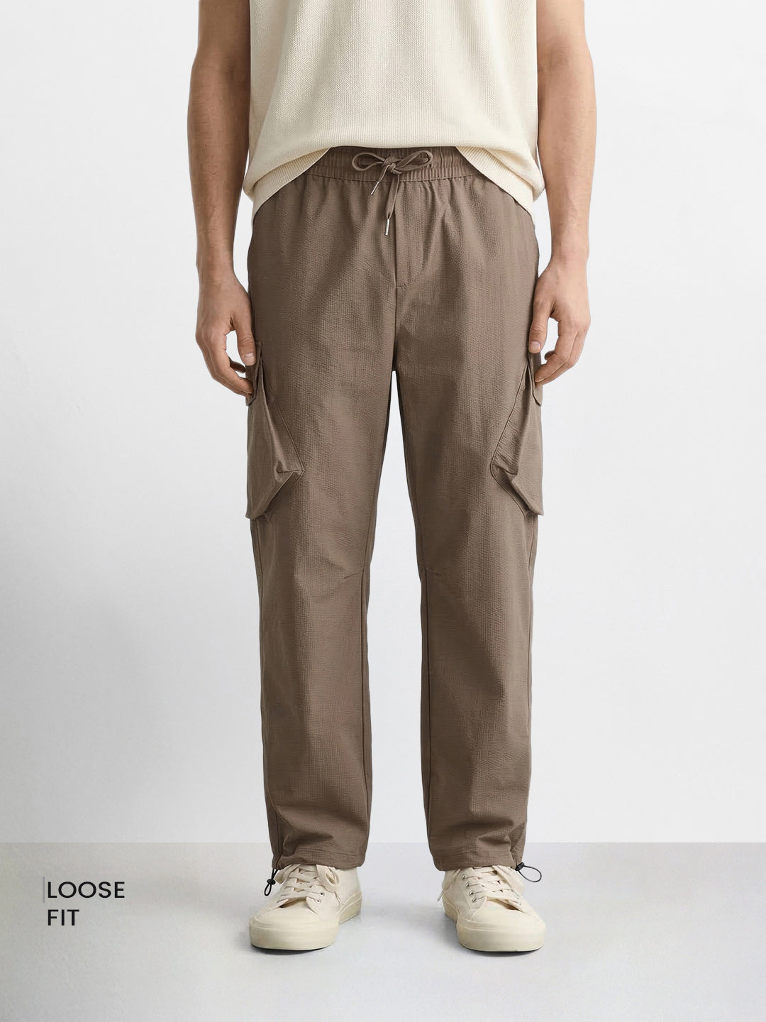 Men's Brown Loose Fit Solid Utility Cargo