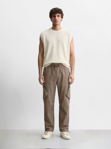 Men's Brown Loose Fit Solid Utility Cargo