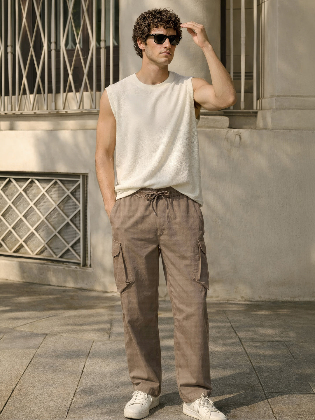 Men's Brown Loose Fit Solid Utility Cargo