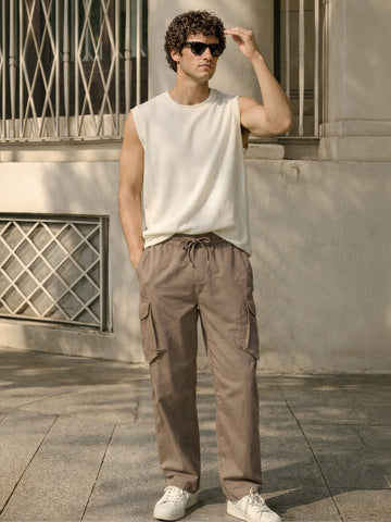 Men's Brown Loose Fit Solid Utility Cargo