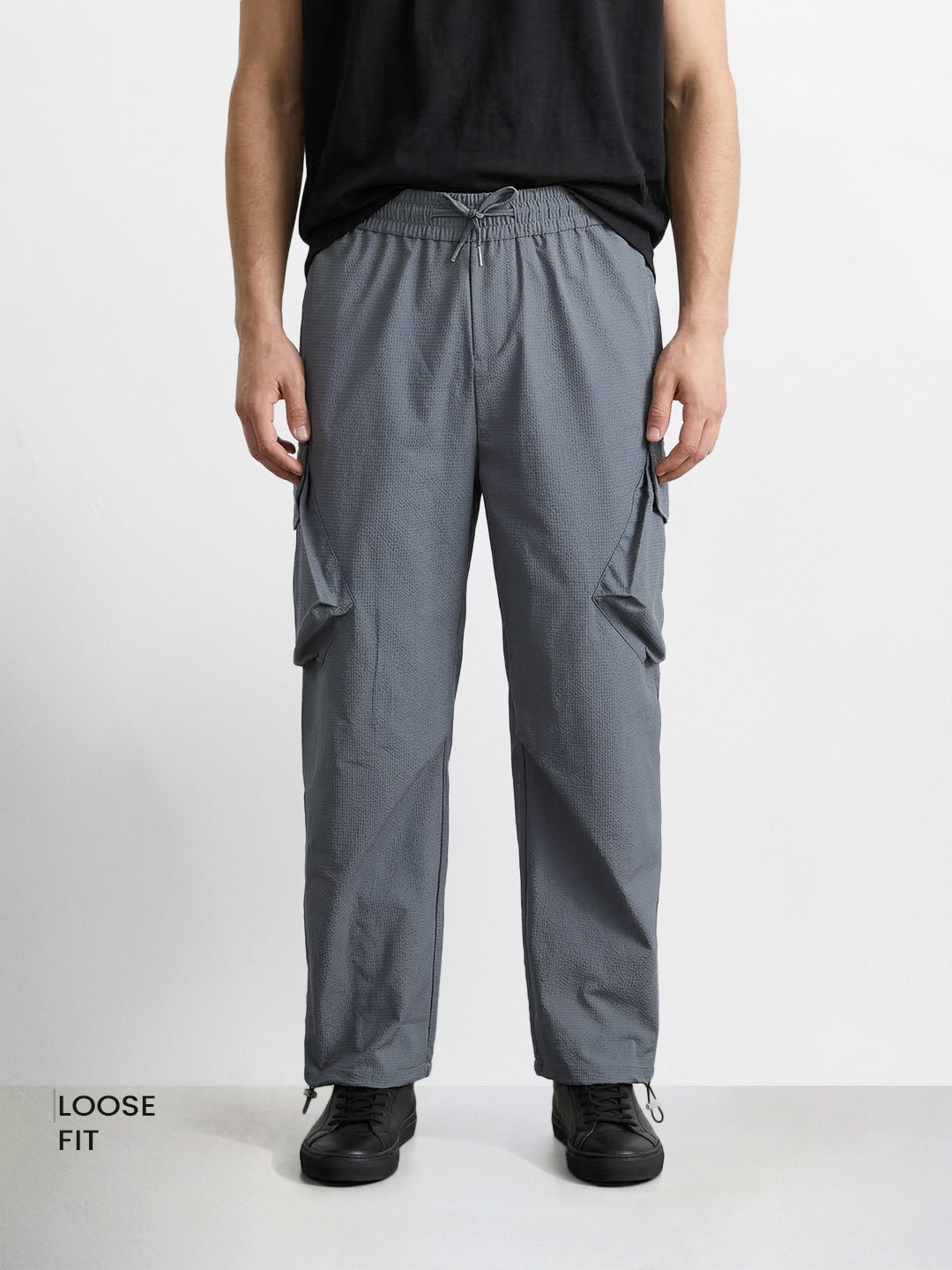Men's Grey Loose Fit Solid Utility Cargo