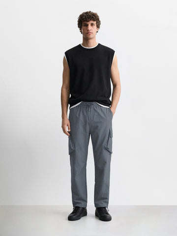 Men's Grey Loose Fit Solid Utility Cargo