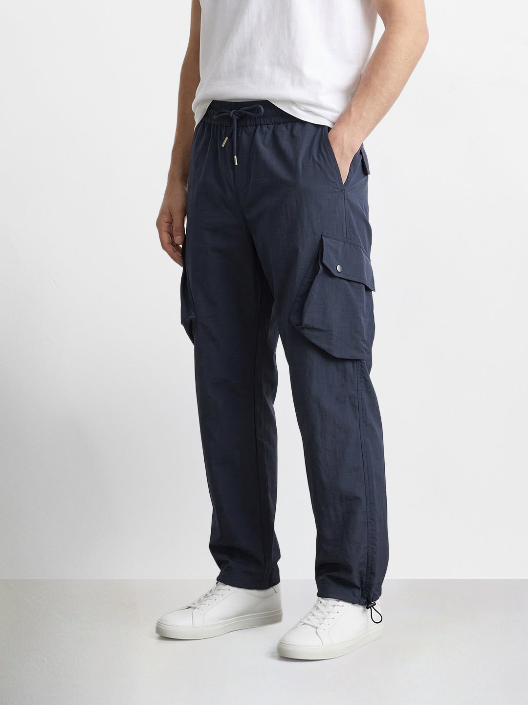 Men's Navy Blue Loose Fit Solid Utility Cargo