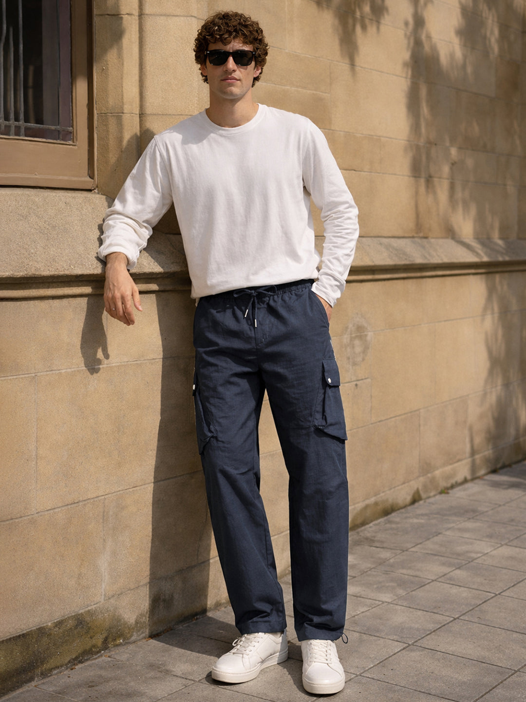 Men's Navy Blue Loose Fit Solid Utility Cargo