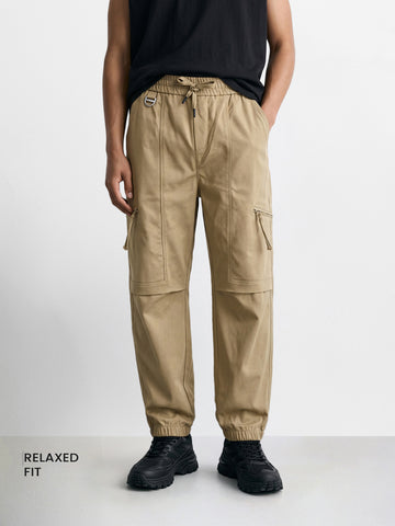 Men's Khaki Relaxed Fit Solid Utility Joggers