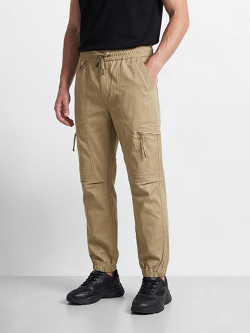 Men's Khaki Relaxed Fit Solid Utility Joggers