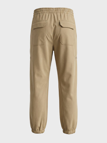 Men's Khaki Relaxed Fit Solid Utility Joggers
