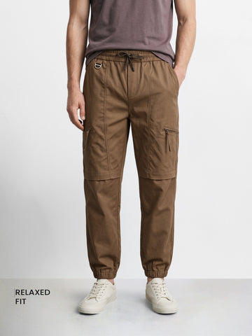 Men's Brown Relaxed Fit Solid Utility Joggers Joggers
