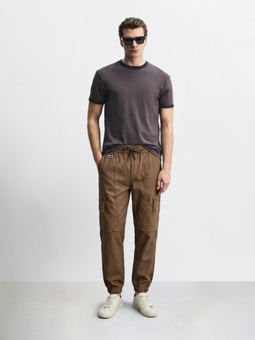 Men's Brown Relaxed Fit Solid Utility Joggers Joggers