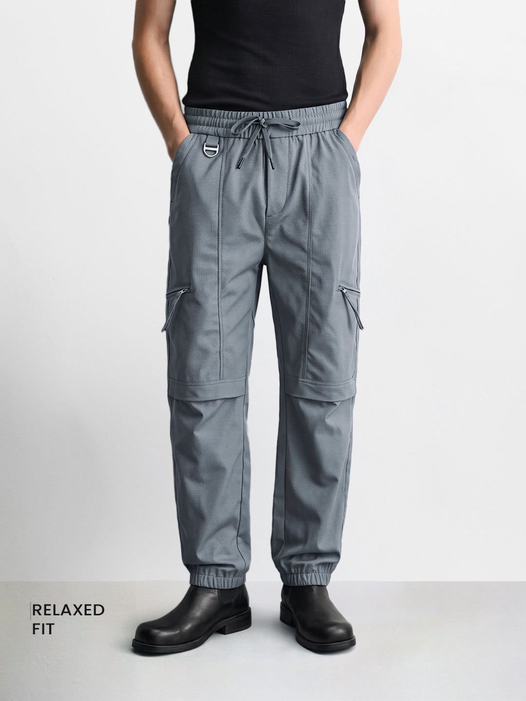 Men's Grey Relaxed Fit Solid Utility Joggers
