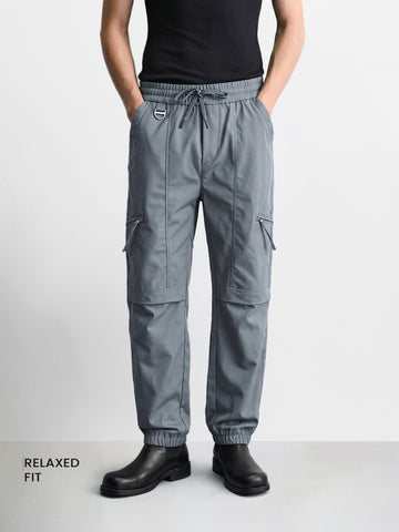 Men's Grey Relaxed Fit Solid Utility Joggers Joggers