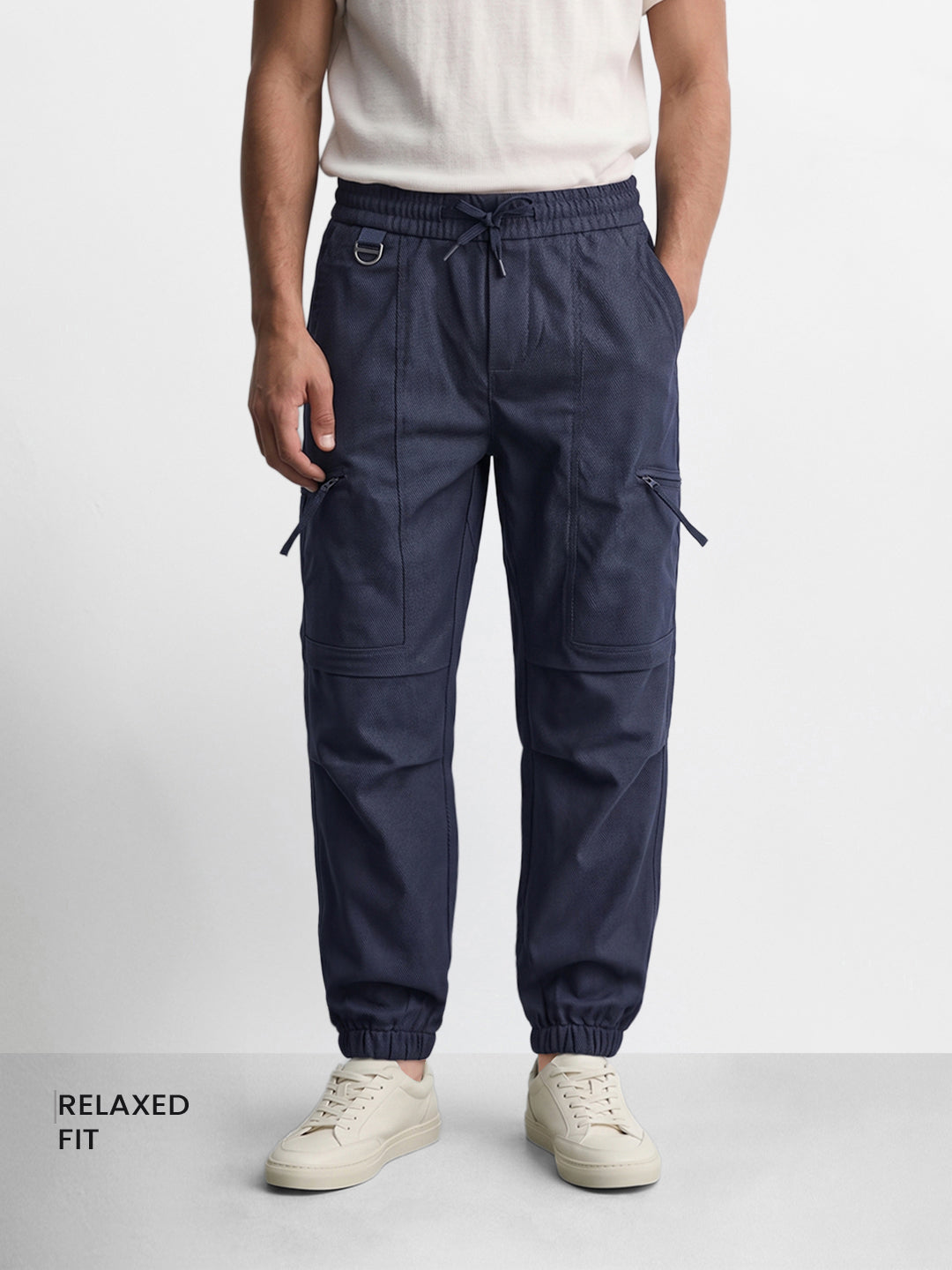 Men's Navy Blue Relaxed Fit Solid Utility Joggers