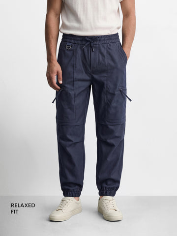 Men's Navy Blue Relaxed Fit Solid Utility Joggers