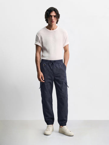 Men's Navy Blue Relaxed Fit Solid Utility Joggers