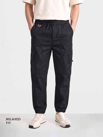 Men's Black Relaxed Fit Solid Utility Joggers