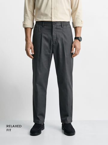 Men's Grey Relaxed Fit Solid Casual Trousers
