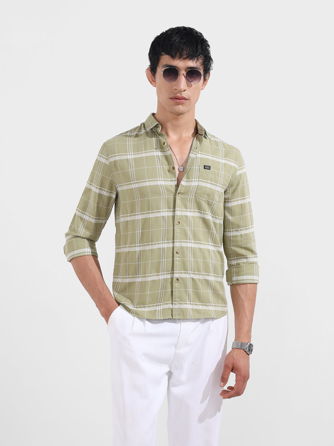 Men's Green Slim Fit Checked Casual Shirt