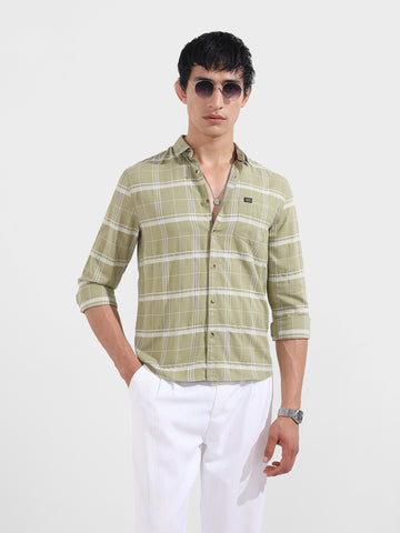 Men's Green Slim Fit Checked Casual Shirt