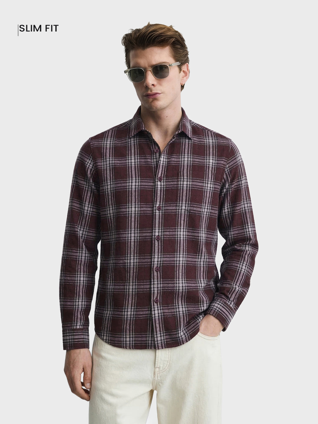 Men's Maroon Slim Fit Checkered Casual Shirt
