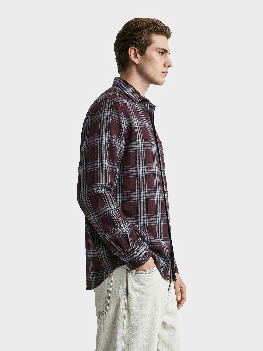 Men's Maroon Slim Fit Checkered Casual Shirt