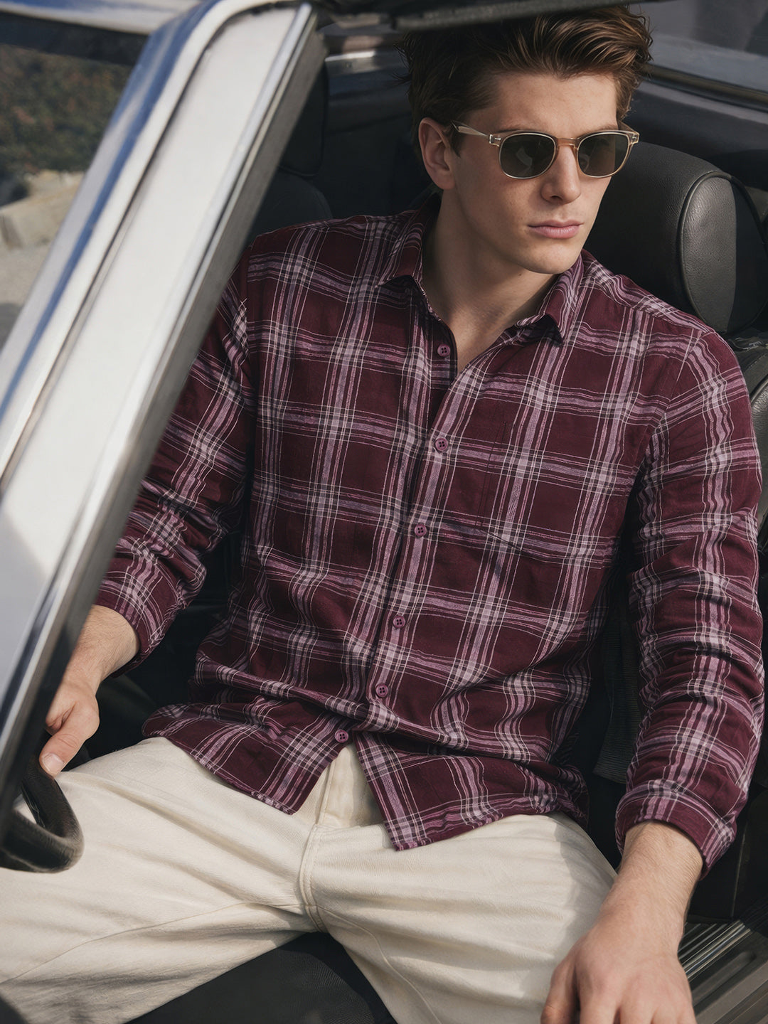 Men's Maroon Slim Fit Checkered Casual Shirt