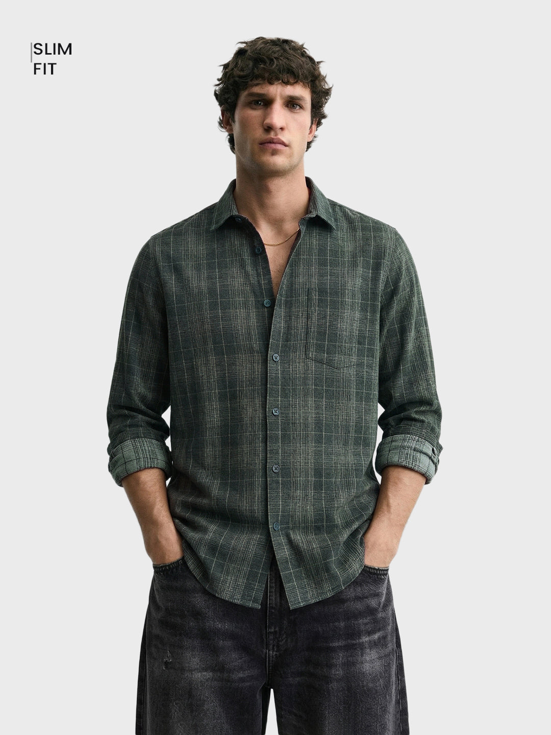 Men's Green Slim Fit Checkered Casual Shirt