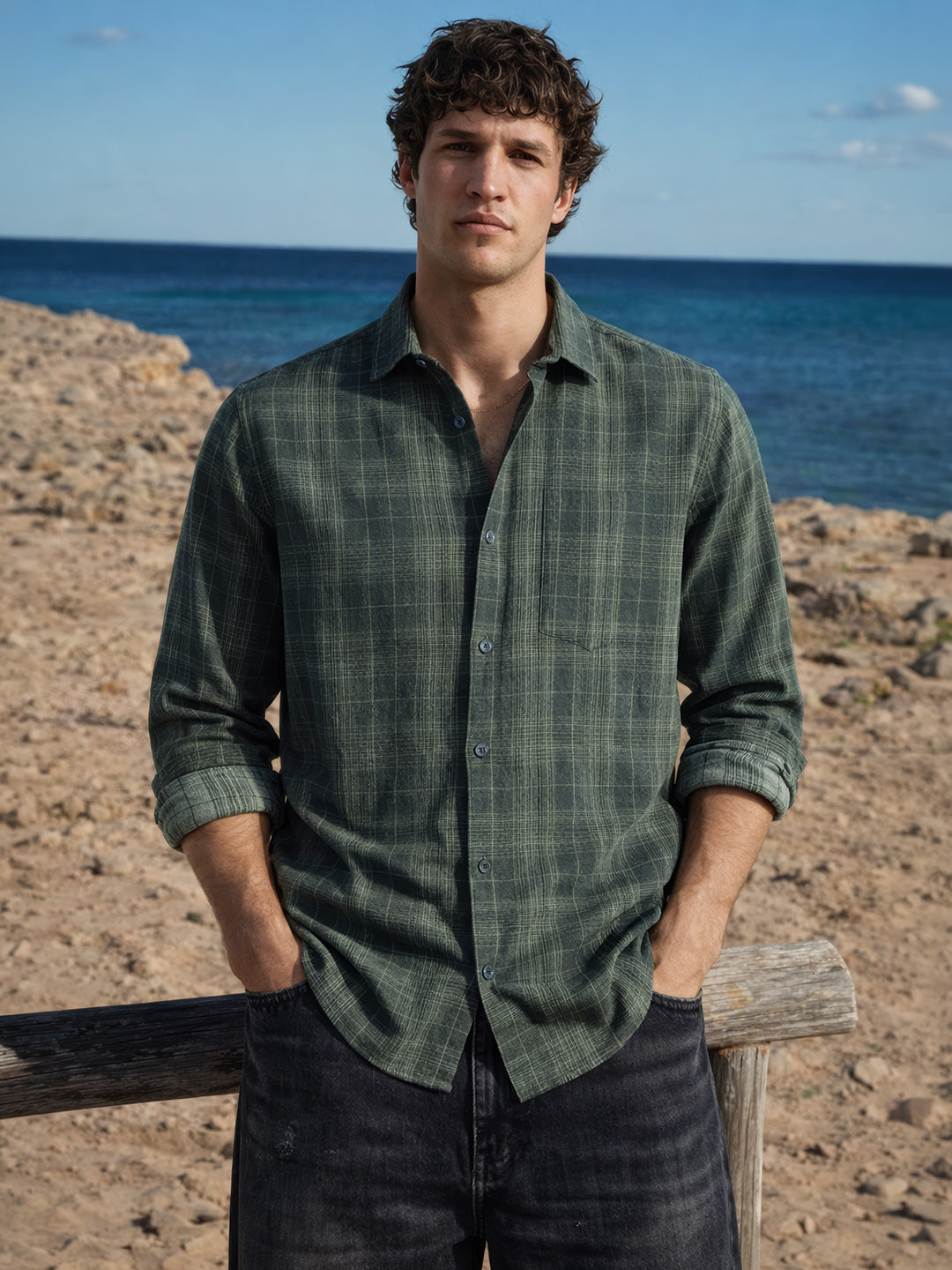 Men's Green Slim Fit Checkered Casual Shirt