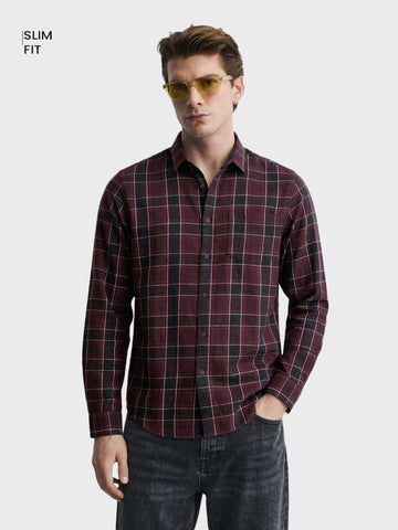 Men's Maroon Slim Fit Checkered Casual Shirt