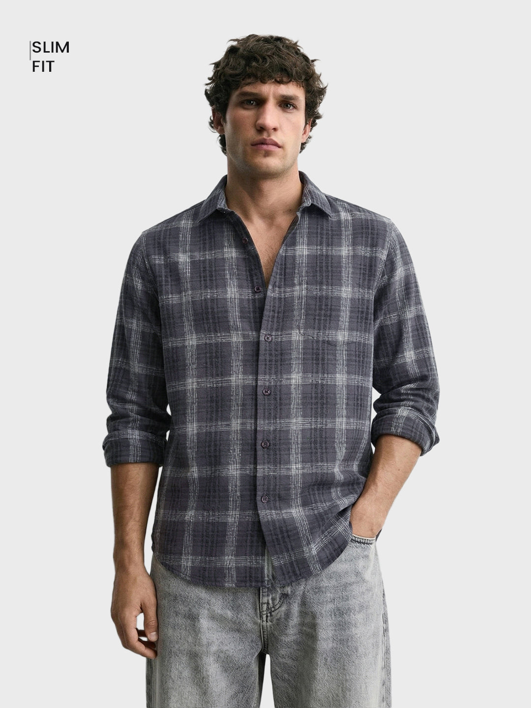 Men's Grey Slim Fit Checkered Casual Shirt