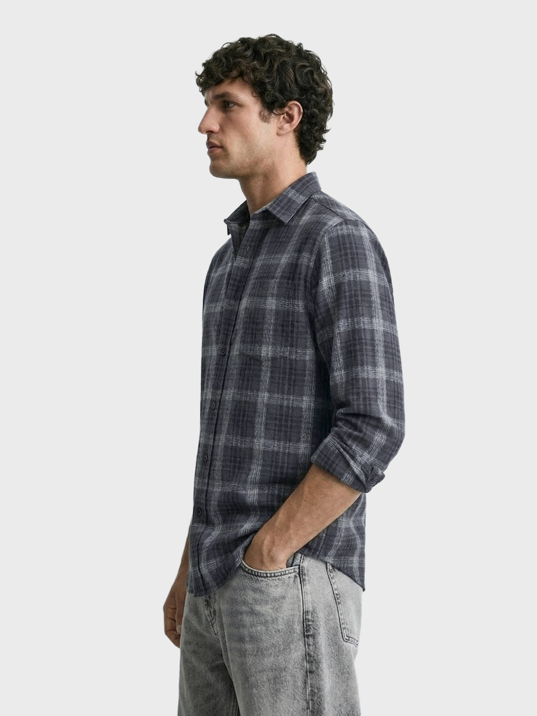 Men's Grey Slim Fit Checkered Casual Shirt