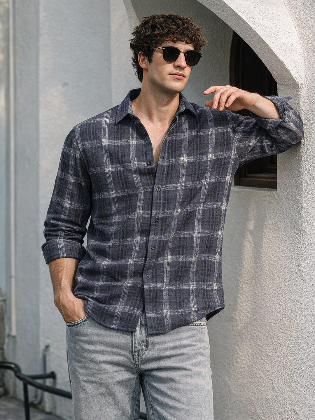 Men's Grey Slim Fit Checkered Casual Shirt