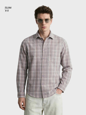 Men's Grey Slim Fit Checkered Casual Shirt