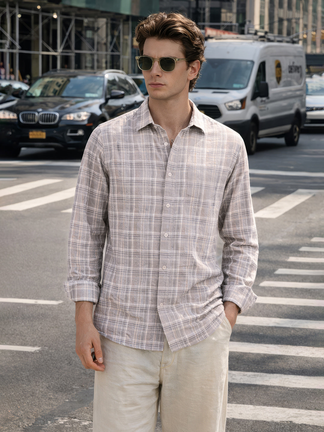 Men's Grey Slim Fit Checkered Casual Shirt