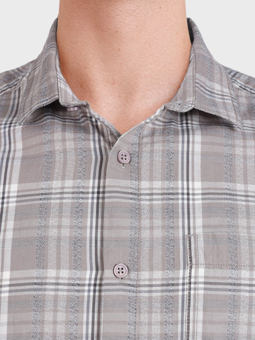 Men's Grey Slim Fit Checkered Casual Shirt