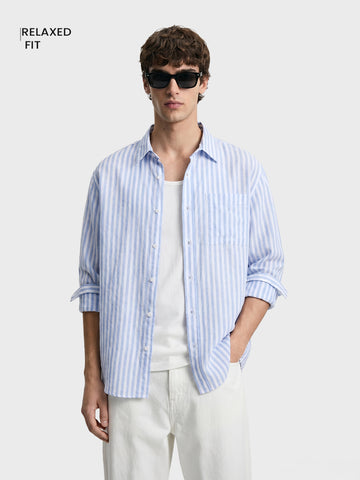 Men's Blue Super Relaxed Fit Vertical Stripes Casual Shirt