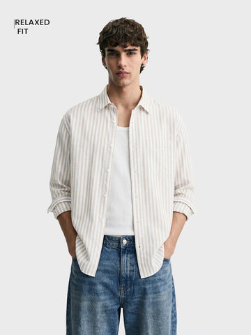 Men's Khaki Super Relaxed Fit Vertical Stripes Casual Shirt
