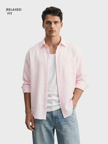Men's Pink Super Relaxed Fit Vertical Stripes Casual Shirt